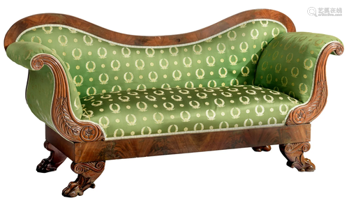 A mahogany veneered Empire sofa, H 95,5 - 195 - D 63