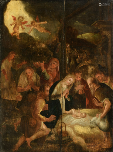 Adoration of the shepherds, oil on panel, early 17thC,
