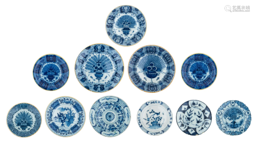 A collection of blue and white Dutch Delftware plates,