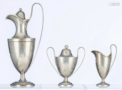 An Empire-style silver three-piece coffee set, H 19 -