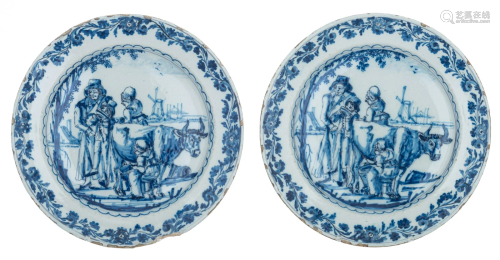 A rare pair of Dutch Delftware plates, marked Paulus