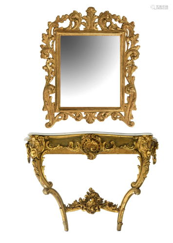 A gilt Rococo style console table, with a matching