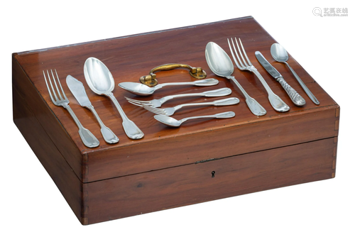 A walnut box containing silver-plated flatware by