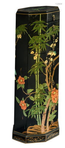 A hexagonal chinoiserie lacquered pedestal with