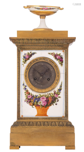 A French Restauration mantle clock, porcelain plaques,