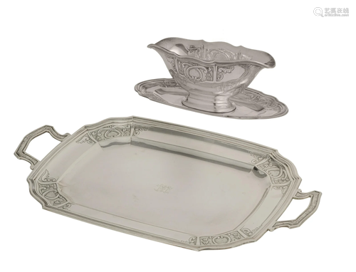 A Belgian RÃ©gence style silver tray and a ditto sauce