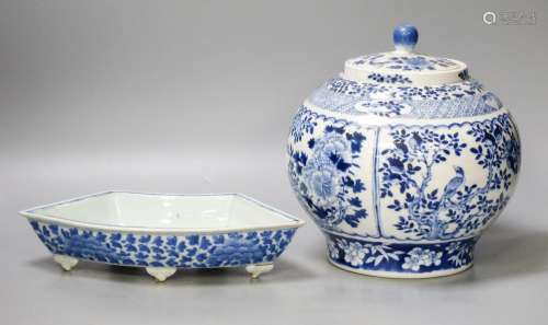 A 19th century Chinese blue and white jar and cover, four ch...