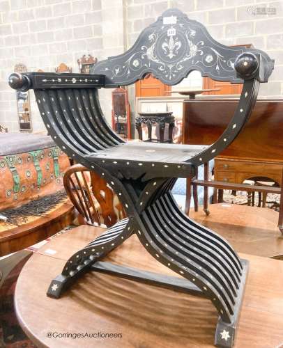 A late 19th century Italian bone inlay Savaranola chair, wid...