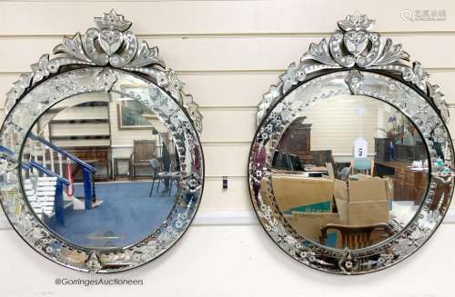 A pair of circular Venetian etched glass mirrors, diameter 5...