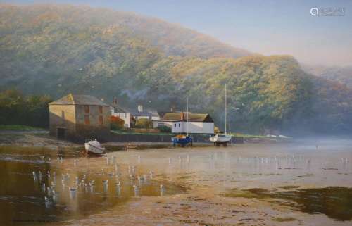 Graham Petley (b.1944)‘Low tide, Lerryn, Cornwall’Oil on can...
