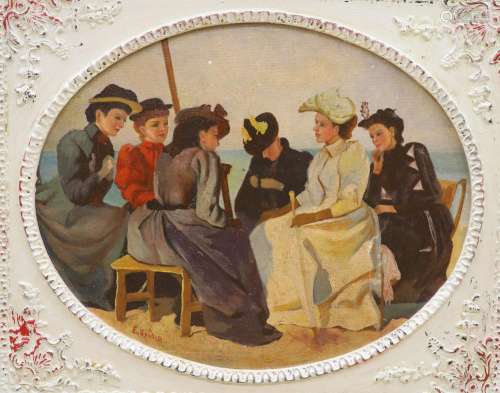 After Boudin, a modern oil on board of women in conversation...