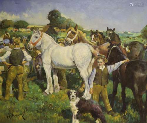 After Munnings, a modern oil on board, horse fair, 50 x 60cm...