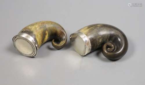 Two 19th/early 20th century white metal mounted horn snuff m...