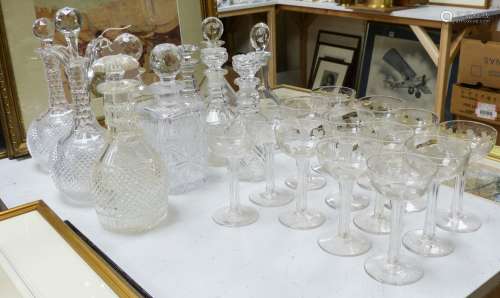 A Victorian diamond cut claret jug and decanter, assorted ot...