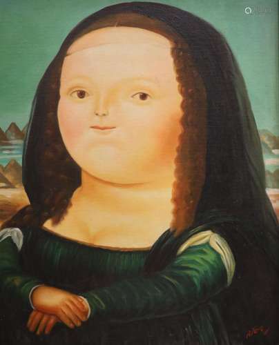 After Botero, oil on board, Portrait of a woman, 50 x 40cm.