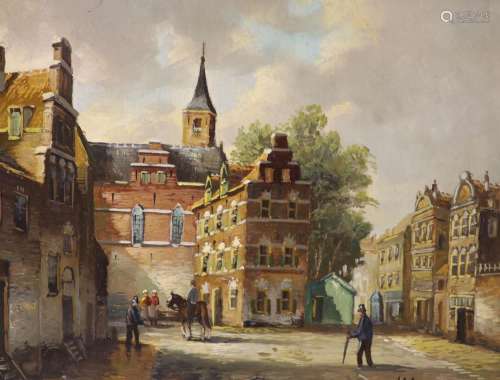 20th century Dutch School, oil on panel, Street scene with f...