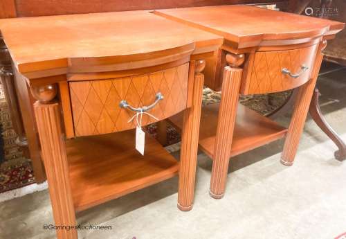 A pair of mahogany bowfront bedside cabinets, width 50cm, de...