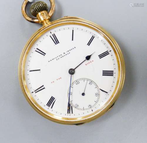 A late Victorian 18ct gold open faced keyless pocket watch, ...