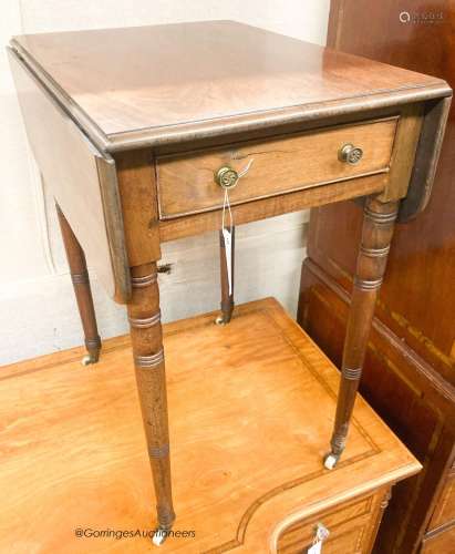 A Regency mahogany drop flap, work table, width 42cm, depth ...