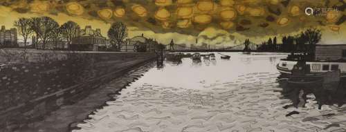 Walter Hoyls, coloured etching, Hammersmith Bridge, signed, ...