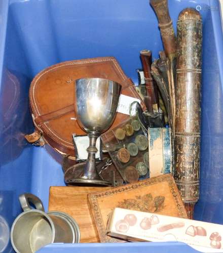 A Victorian truncheon, Tunbridgeware box, two kukri and sund...