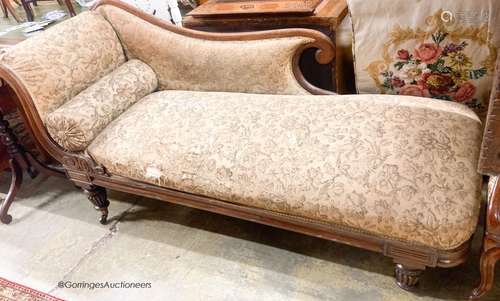 A Victorian chaise longue, length 186cm, depth 64cm, height ...