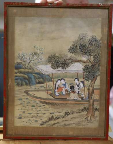 Chinese School, watercolour on silk, women in a boat, 34 x 2...