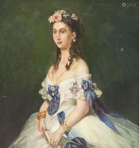 A modern oil portrait of a Victorian bride, 41 x 40cm.