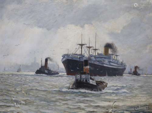 C.H.Barrett, oil on board, Shipping on the Thames, signed, 4...