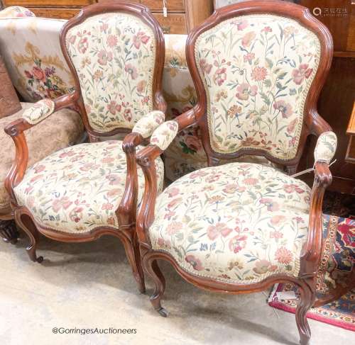 A pair of French mahogany framed open armchairs, width 60cm,...
