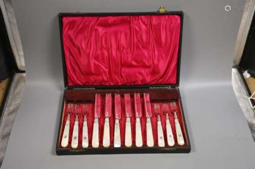 A cased set of six pairs of mother of pearl handled dessert ...