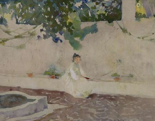 T F Wallis Mittel, watercolour, Woman seated in a courtyard,...