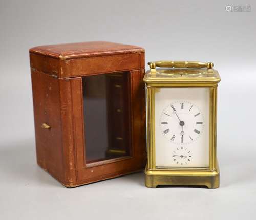 An early 20th century French brass carriage clock with alarm...