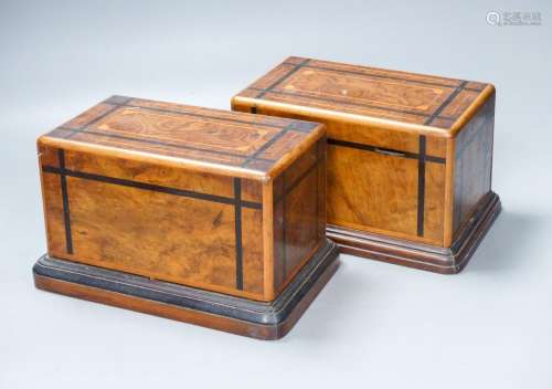 A pair of Victorian inlaid burr walnut money boxes22cm
