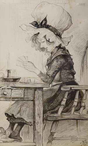 AB circa 1900, pen and ink, girl in a mob hat, 40 x 25cm.