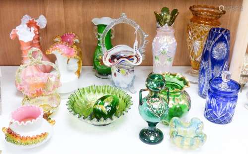 A group of Victorian style fancy glass vases and jugs and ot...