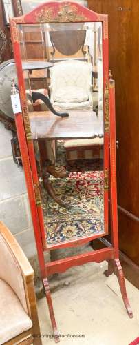 A 1920's red chinoiserie lacquer cheval mirror, width 49cm, ...