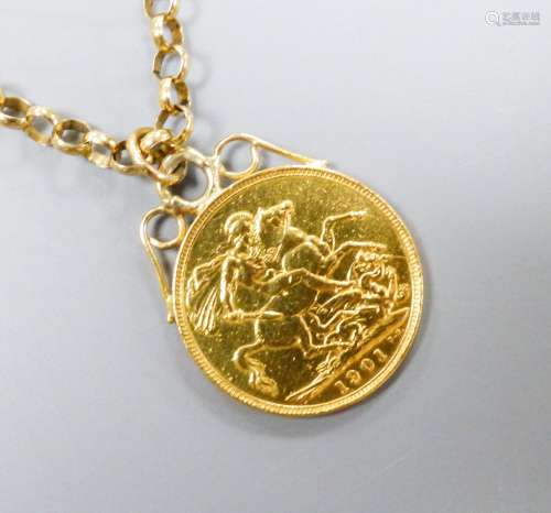 A 1901 gold sovereign on 9ct gold belcher link chain, 60cm, ...