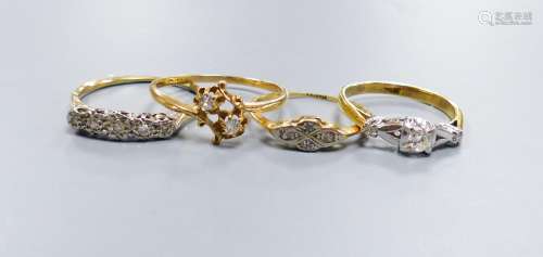Three assorted 18ct and diamond set rings, including two sto...
