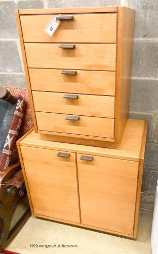 A Heals cabinet and filing drawers, largest width 70cm, dept...