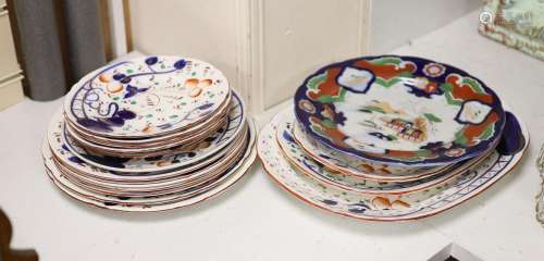 A Welsh Gaudy Pottery part dinner service and an Ironstone d...