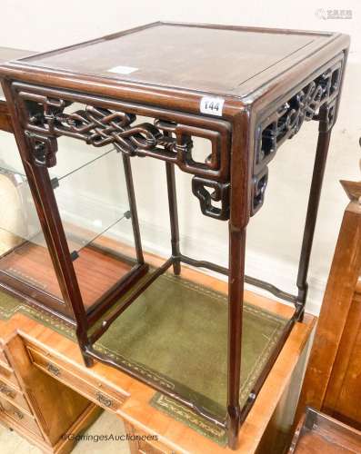 A Chinese hardwood square topped table, width 47cm, height 8...