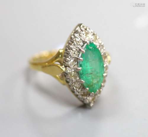 A modern Victorian style 18ct gold, emerald and diamond marq...