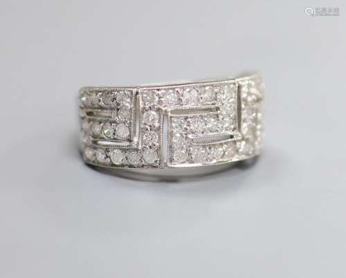 A modern 18ct white gold and diamond set 'Greek Key' dress r...
