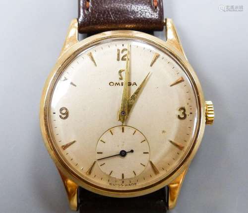 A gentleman's 1950's 9ct gold Omega manual wind wrist watch,...