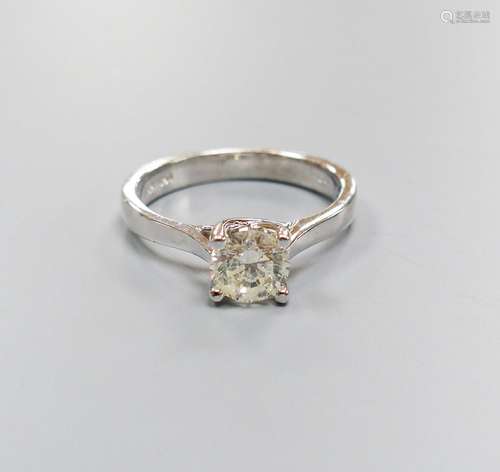 A modern white gold and solitaire diamond ring, size N, gros...