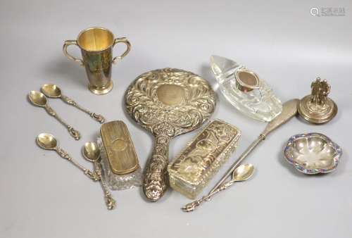 Small silver including a hand mirror, two mounted glass toil...