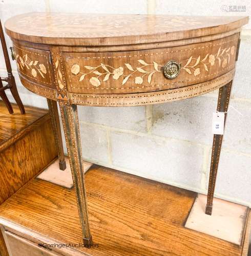 A 19th century Dutch marquetry walnut demi lune side table, ...