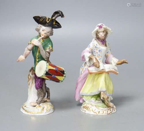 Two 19th century Meissen monkey band figures, tallest 14.5 c...