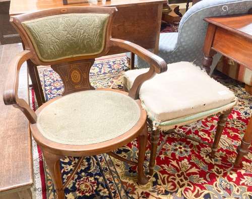 An Edwardian marquetry inlaid mahogany elbow chair and a Vic...